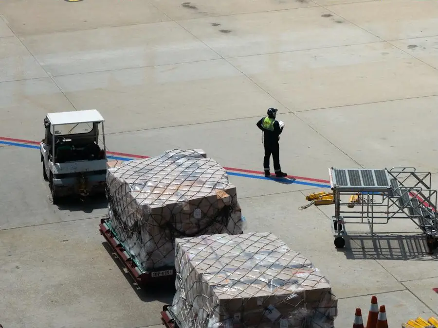 Netted air cargo pallets on an airport apron