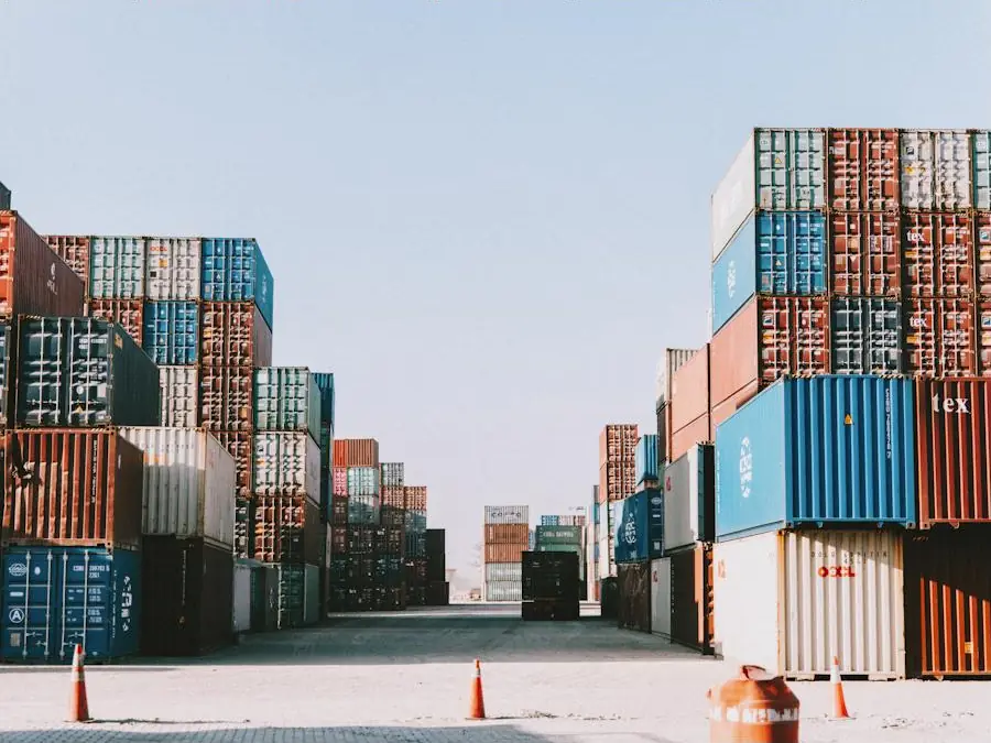 Stacked shipping containers in a port container yard