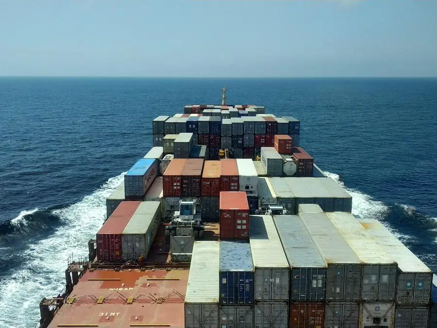 Container ship loaded with cargo containers at sea